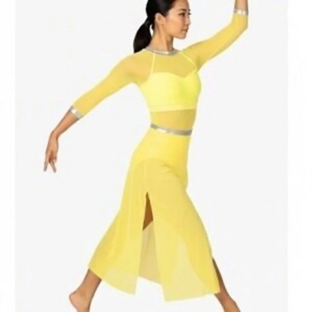 Double Platinum Kids Neon Yellow Rhinestone Dance Leotard with Skirt Size MC